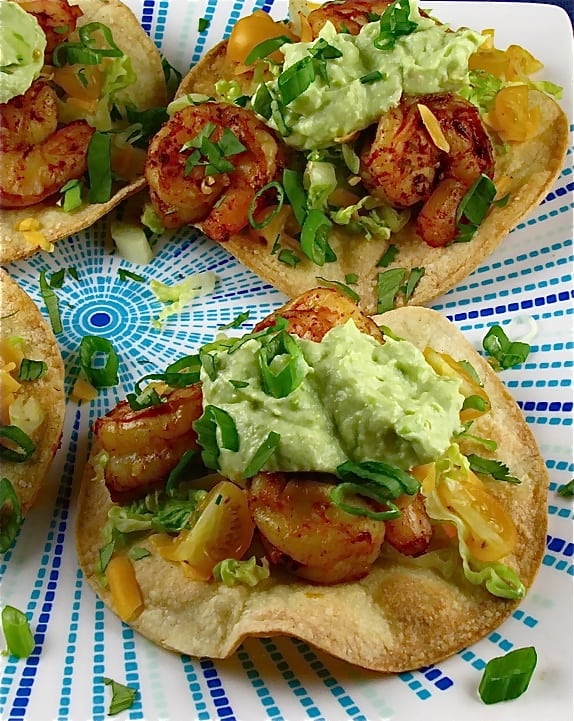 Shrimp Tostadas with Avocado Crema on plate
