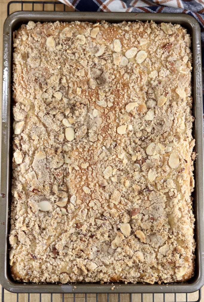 Almond Streusel Coffee Cake cooling on a wire rack - overhead view