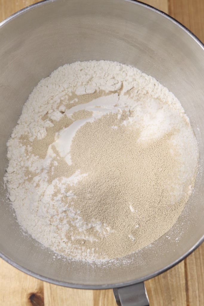 Bowl of flour, sugar and yeast for coffee cake