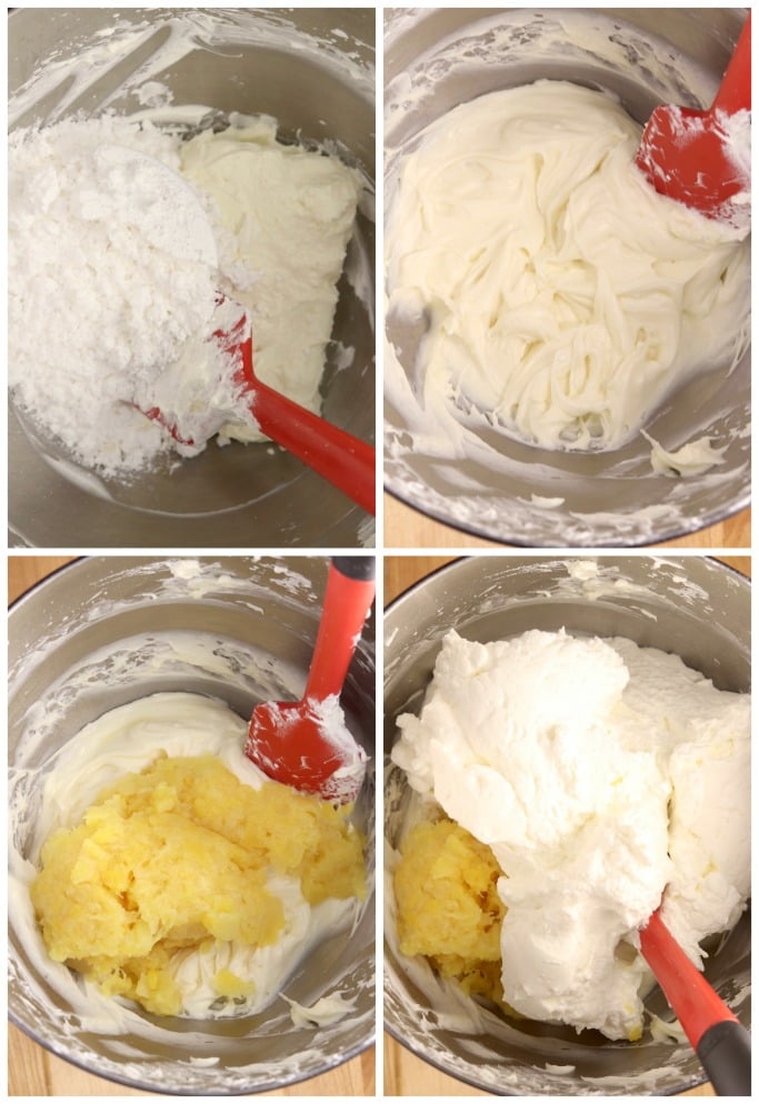 Step by step mixing no bake pineapple cheesecake in a mixing bowl