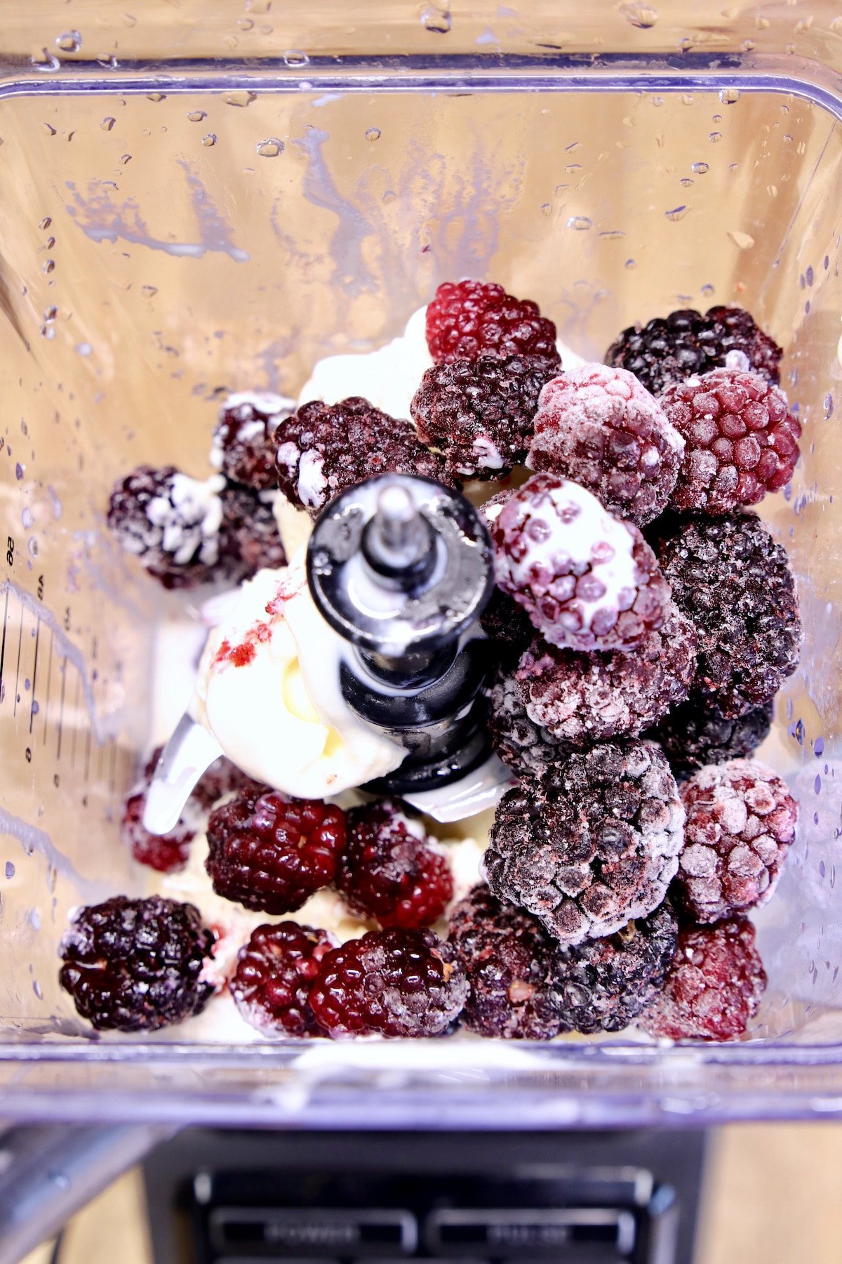 blender with ice cream, blackberries.
