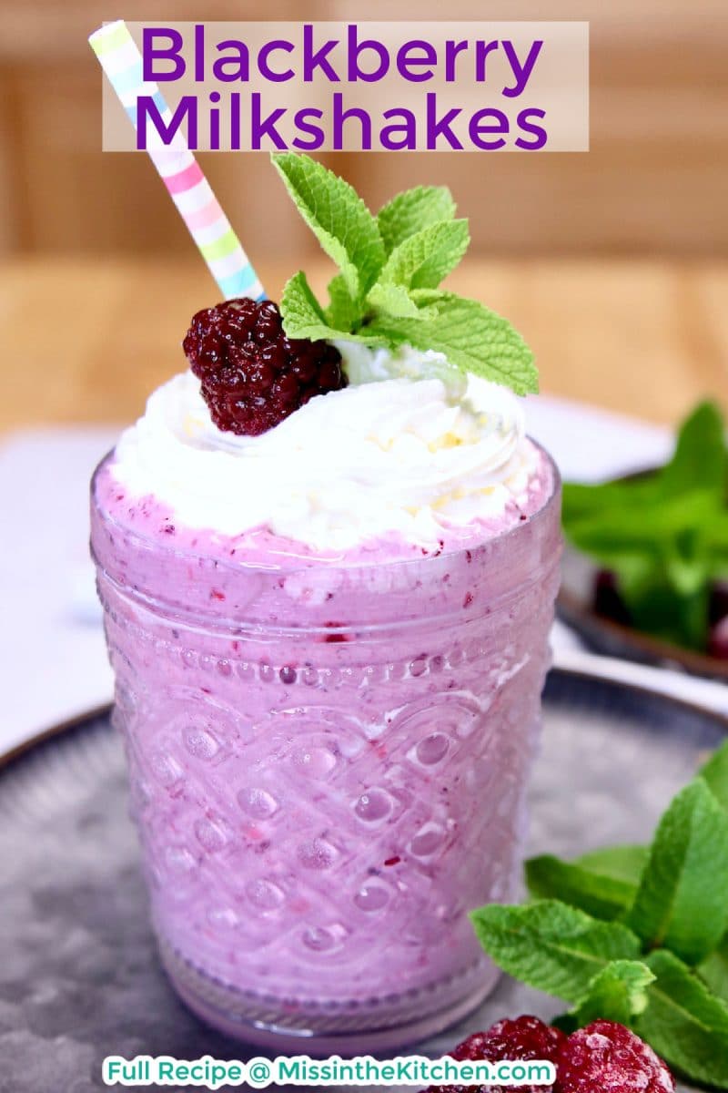 Blackberry Milkshake in a glass - text overlay.