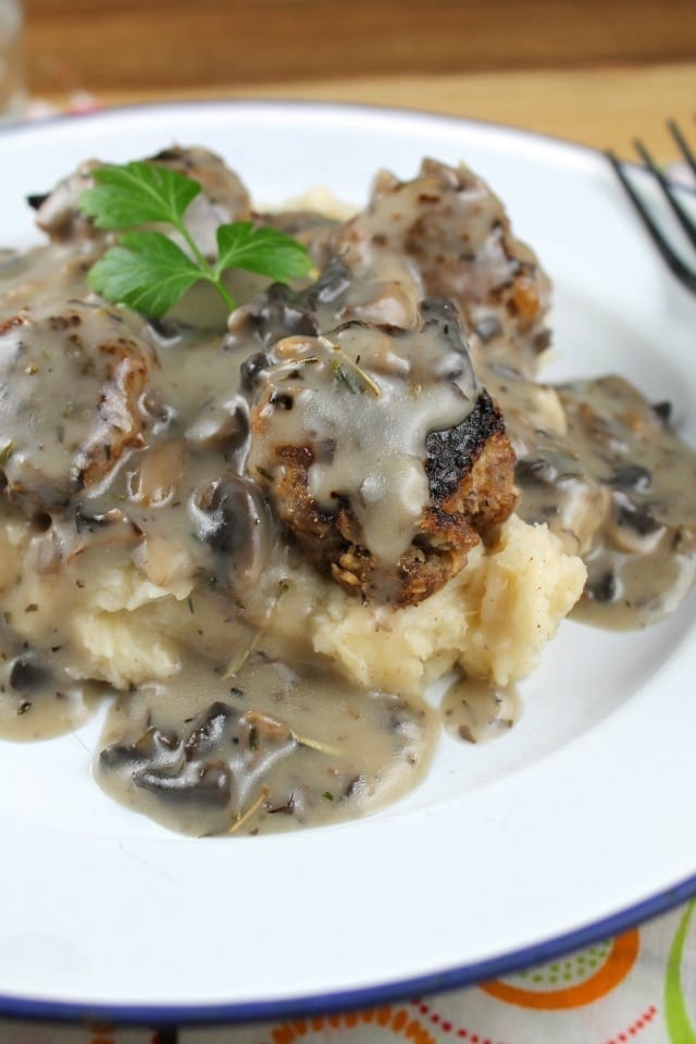 Meatballs with Mushroom Gravy close from Miss in the Kitchen