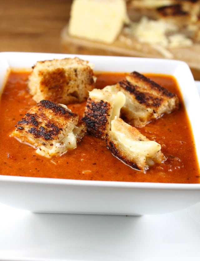 Quick Tomato Soup with Dubliner Grilled Cheese Croutons