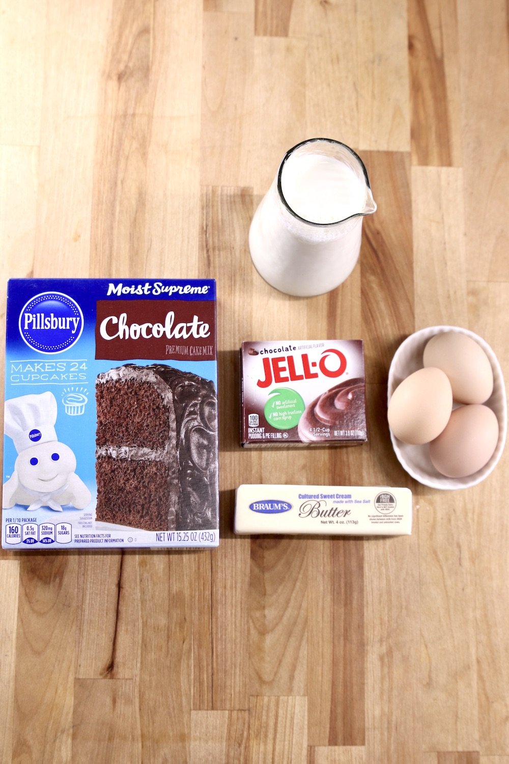Ingredients for cake mix chocolate cupcakes: mix, eggs, milk butter, pudding mix