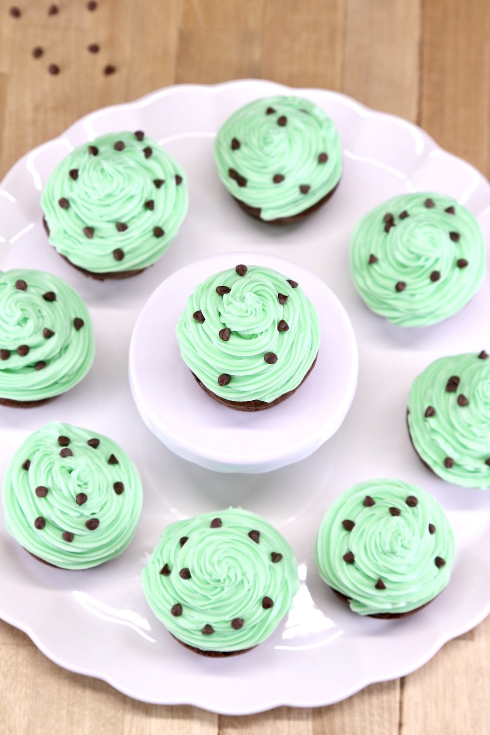platter of chocolate mint cupcakes with mini chocolate chips
