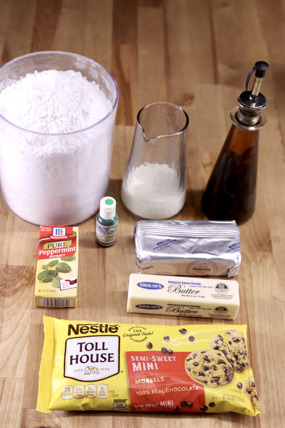 Ingredients for mint cream cheese frosting