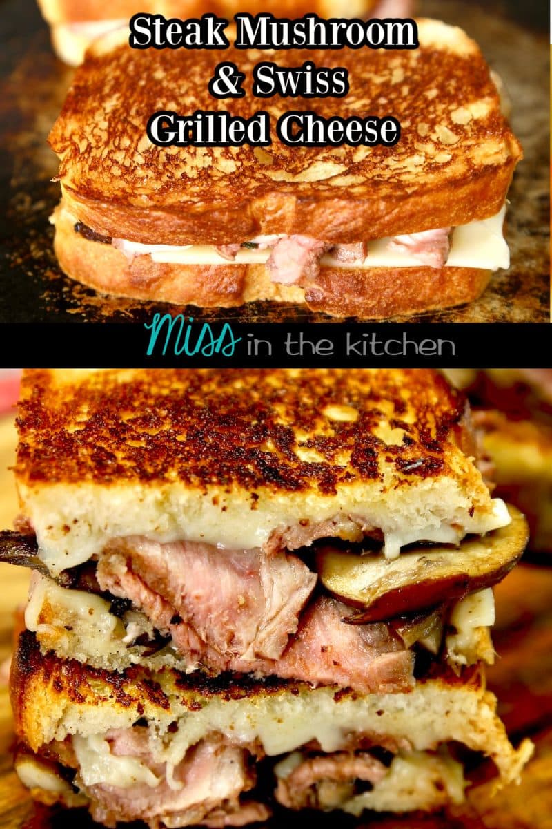 Grilled cheese with steak and mushrooms collage.