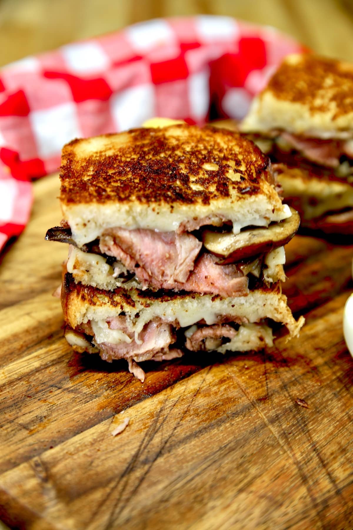 Grilled cheese with steak, mushroom and swiss.