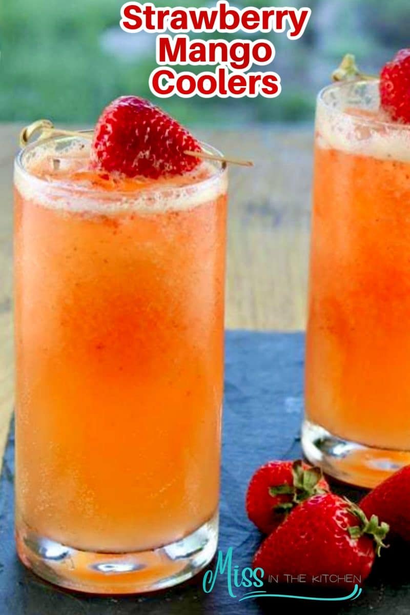 Strawberry Mango Coolers in glasses with strawberry garnish, text overlay.
