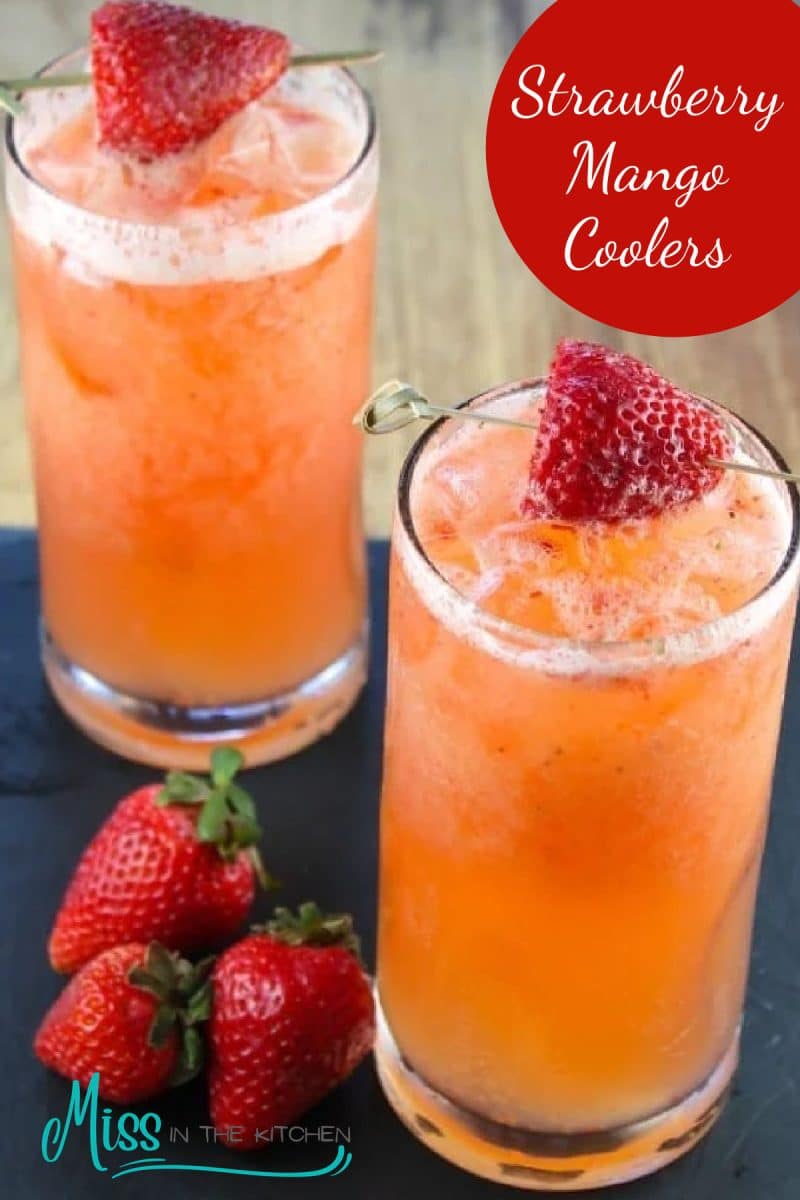 Strawberry Mango Coolers in 2 glasses - text overlay.