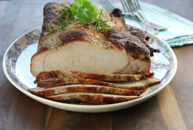Slices of pork loin roast on a platter