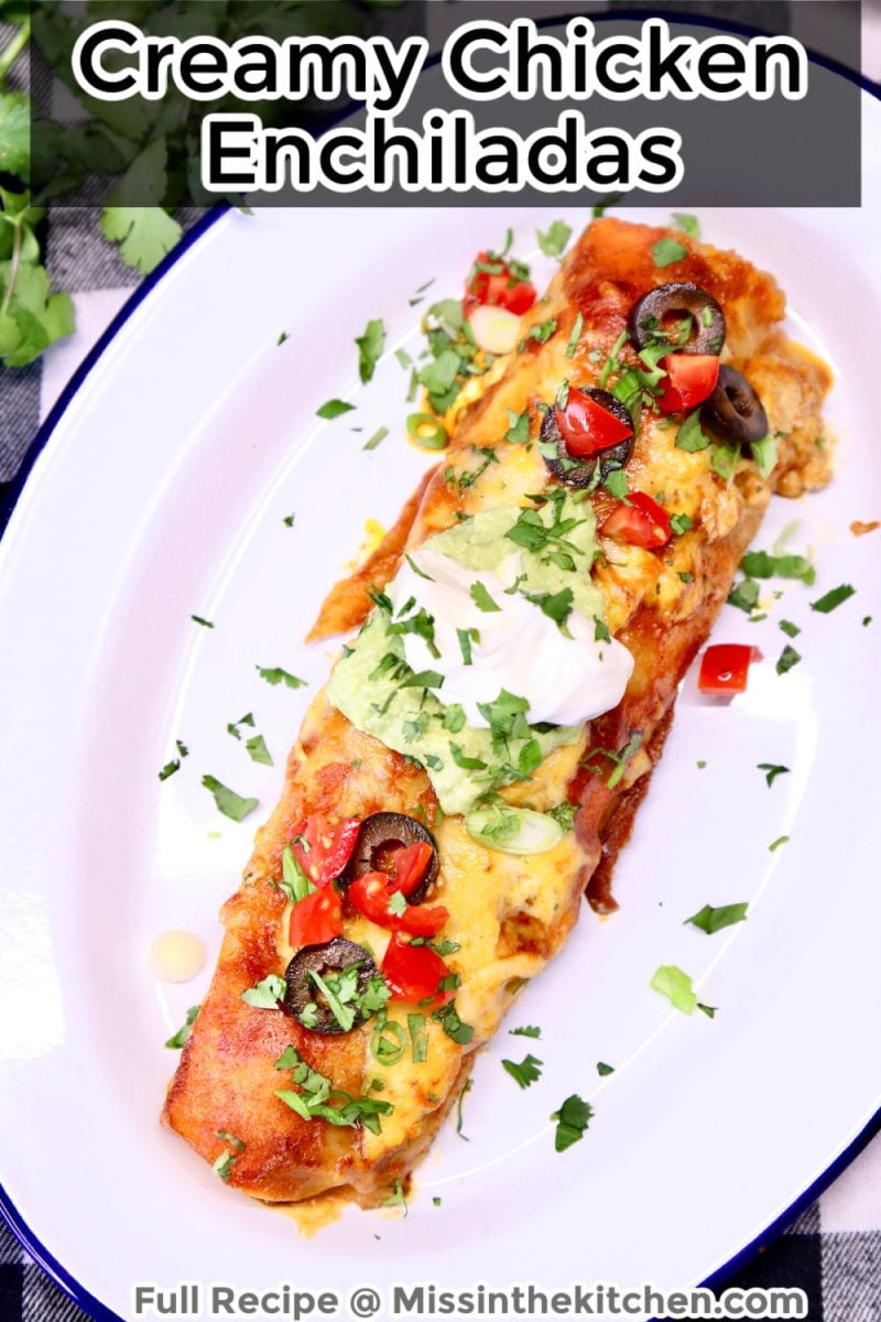 Creamy Chicken Enchilada on a plate - text overlay.