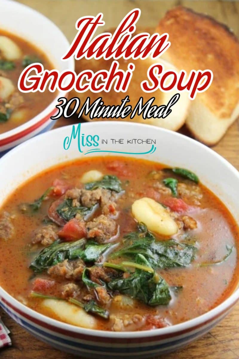 Italian Gnocchi Soup in a bowl with spinach. Text overlay.