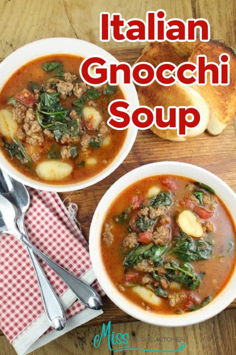 2 bowls gnocchi soup with text overlay.