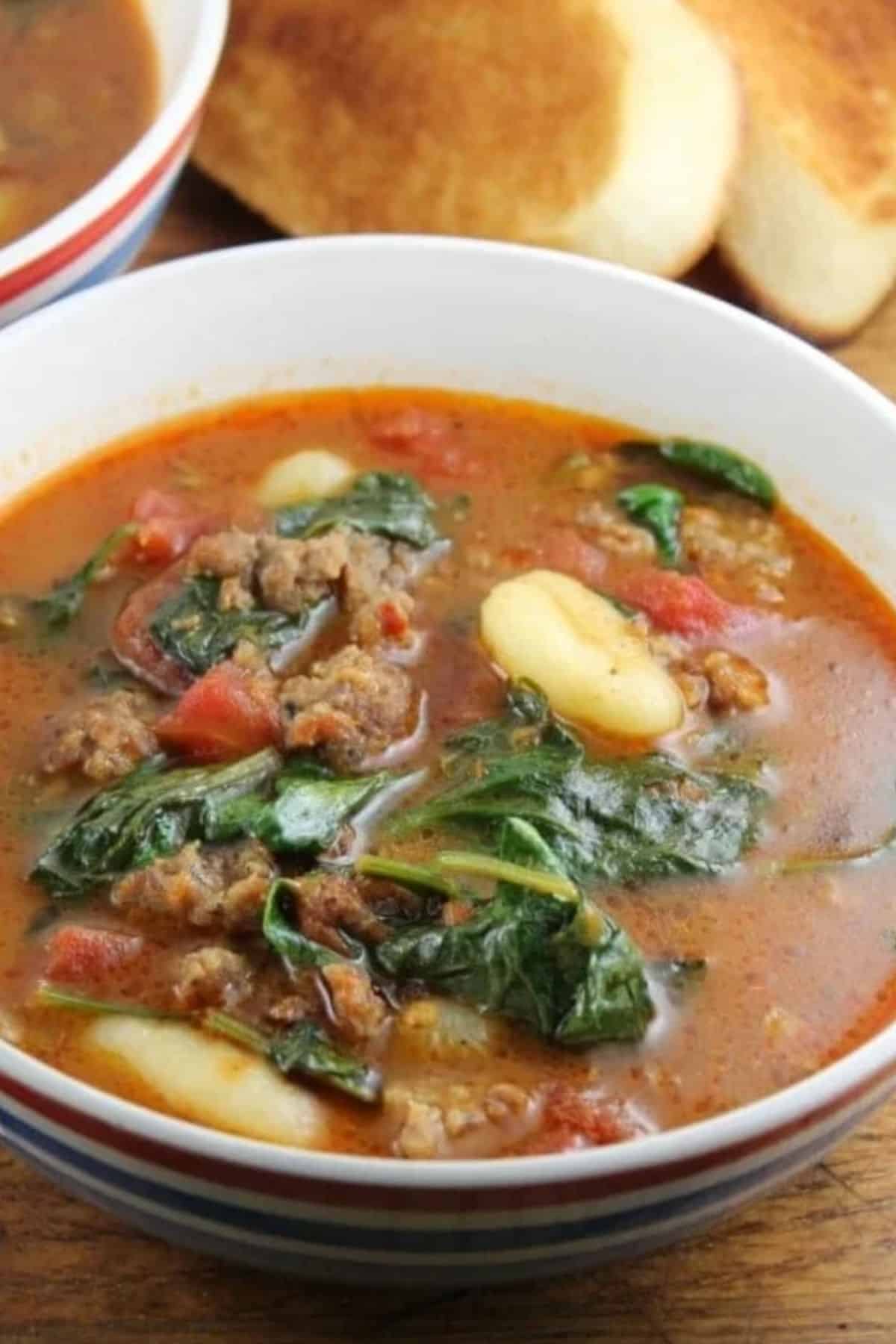 Italian gnocchi soup in a bowl. 