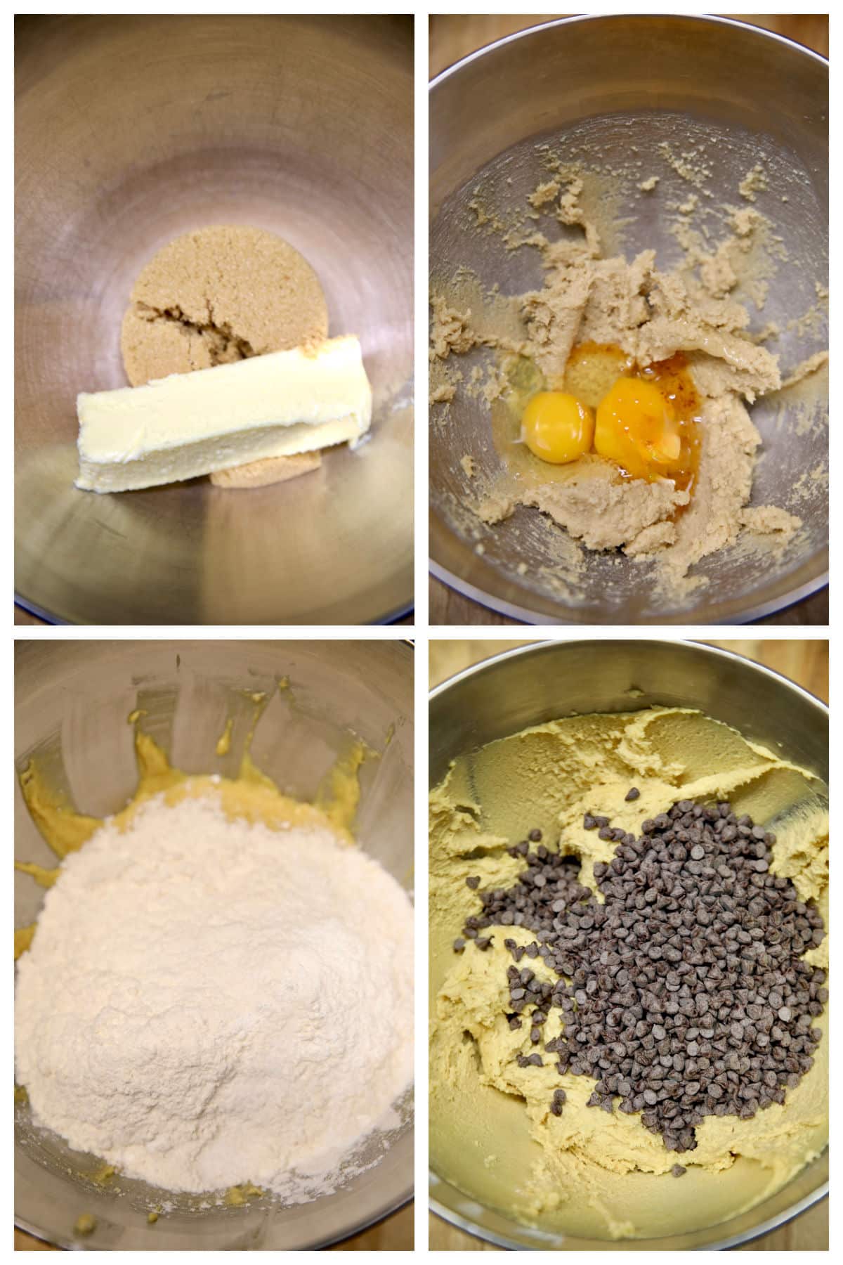 Collage making chocolate chip biscotti dough.