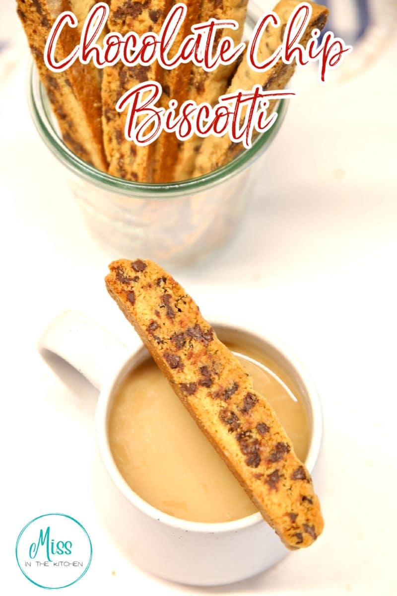 Chocolate Chip Biscotti on a coffee mug - text overlay.