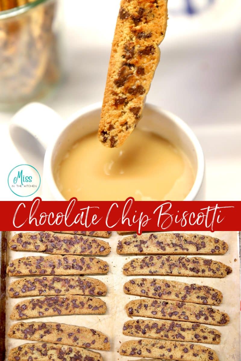 Chocolate chip biscotti collage: dipping into coffee/on a baking sheet - text overlay.