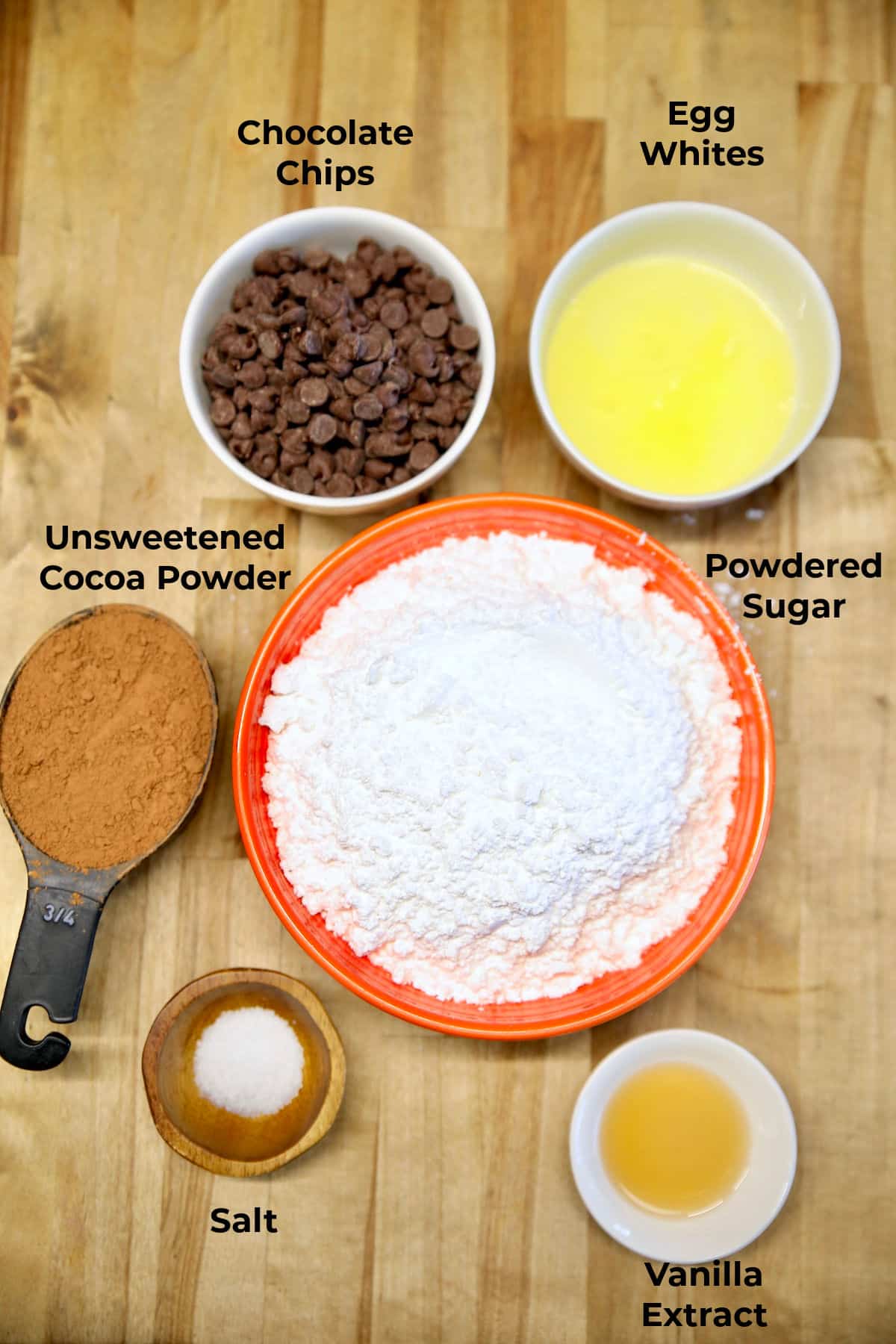 Ingredients for flourless chocolate cookies.