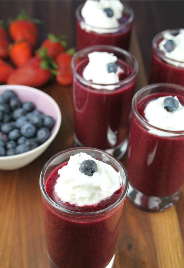 Berry Soup Dessert Shooters are a fun, healthy and delicious dessert! Recipe at Miss in the Kitchen