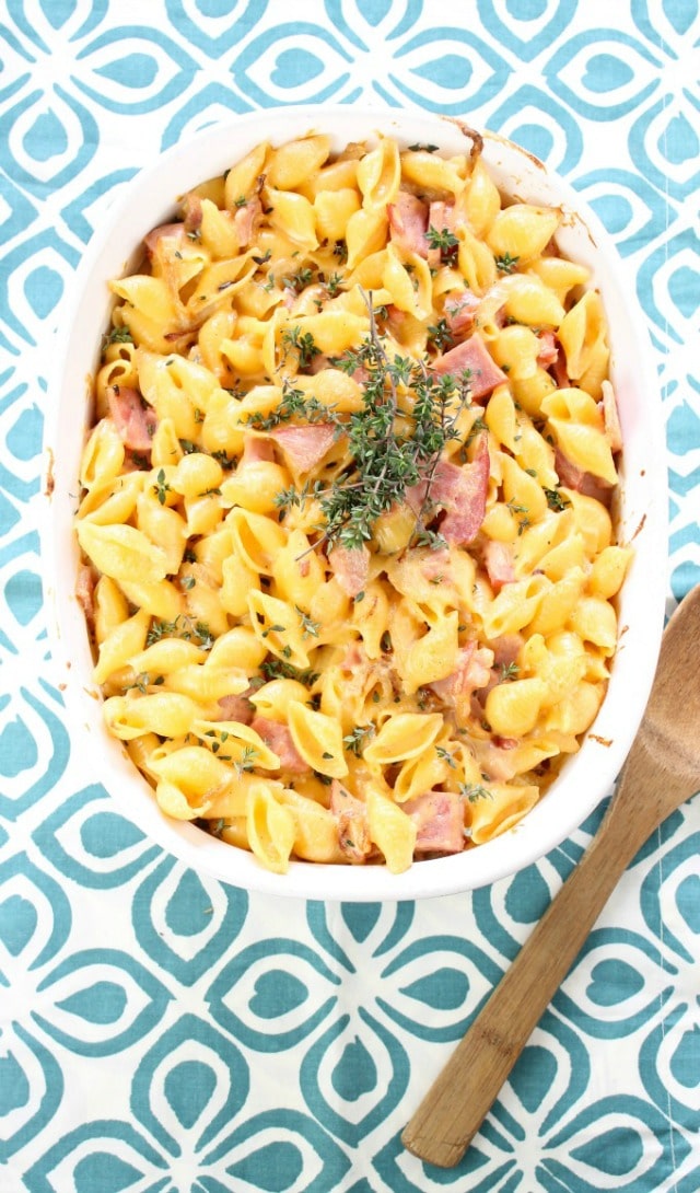 Ham and Garlic Cheddar Pasta Bake Recipe from Miss in the Kitchen