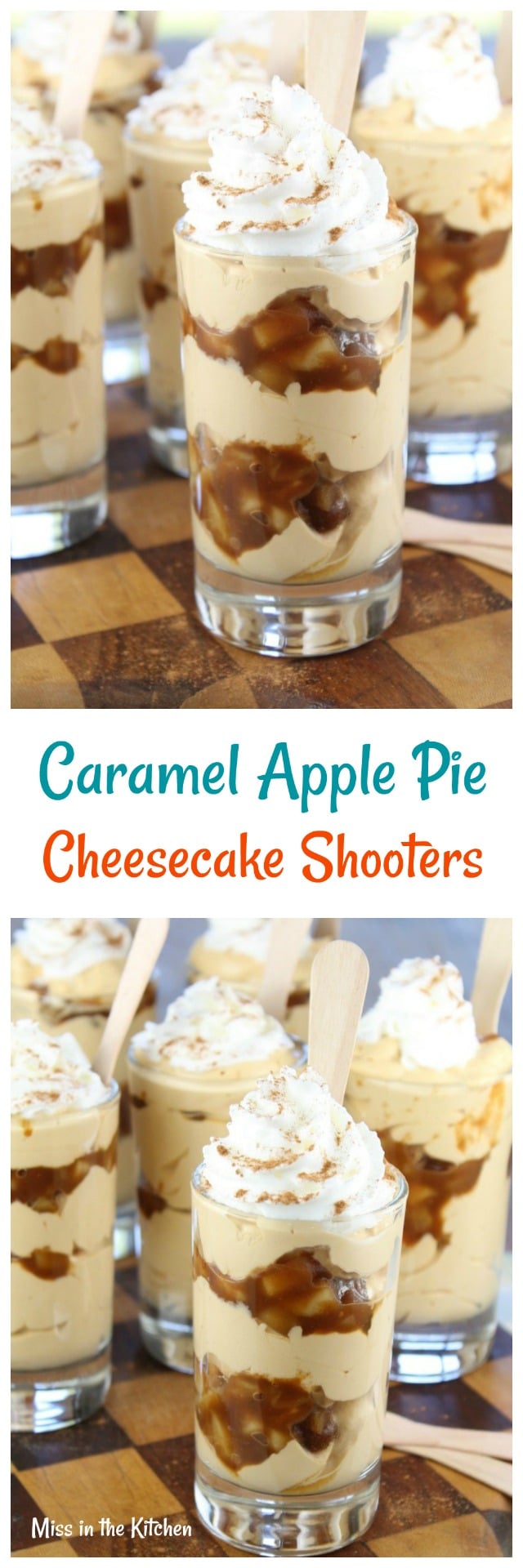 Caramel Apple Pie Cheesecake Shooters Recipe from MissintheKitchen.com #ad #AppleButterSpin @Musselmans