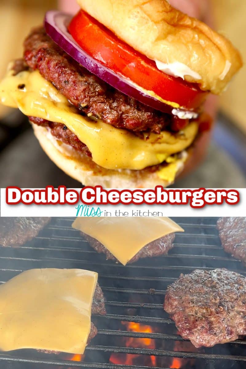 Double Cheeseburger collage: burger closeup/patties on grill.