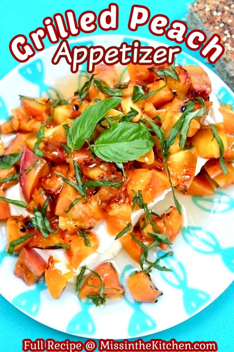Grilled peaches over cream cheese with honey and basil