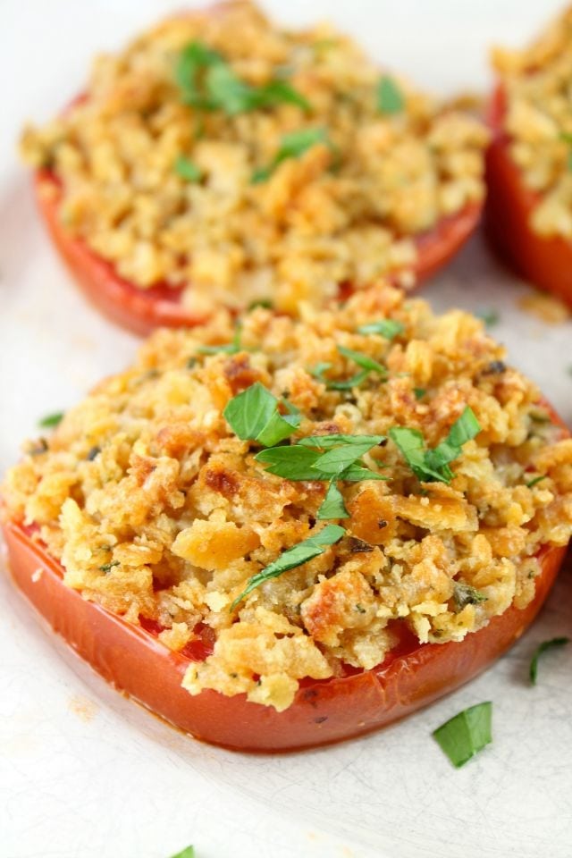 Cheddar Crumb Topped Tomatoes Recipe from Miss in the Kitchen