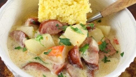 Cheesy Smoked Sausage and Idaho Potato Soup ~ Slow Cooker Recipe from missinthekitchen.com