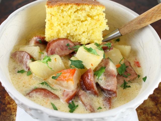 Cheesy Smoked Sausage and Idaho Potato Soup ~ Slow Cooker Recipe from missinthekitchen.com