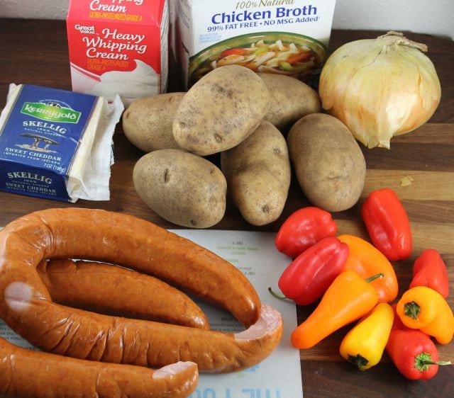 Ingredients for Slow Cooker Cheesy Smoked Sausage and Idaho Potato Soup from missintehkitchen.com