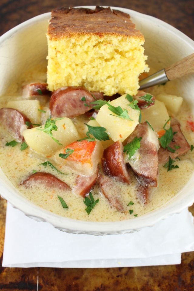 {Slow Cooker} Cheesy Smoked Sausage and Idaho Potato Soup Recipe from Miss in the Kitchen