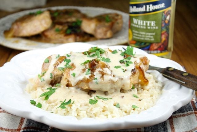 Slow Cooker Smothered Pork Chops with Sour Cream Sauce Dinner Recipe with Holland House WHite Cooking Wine from missinthekitchen.com
