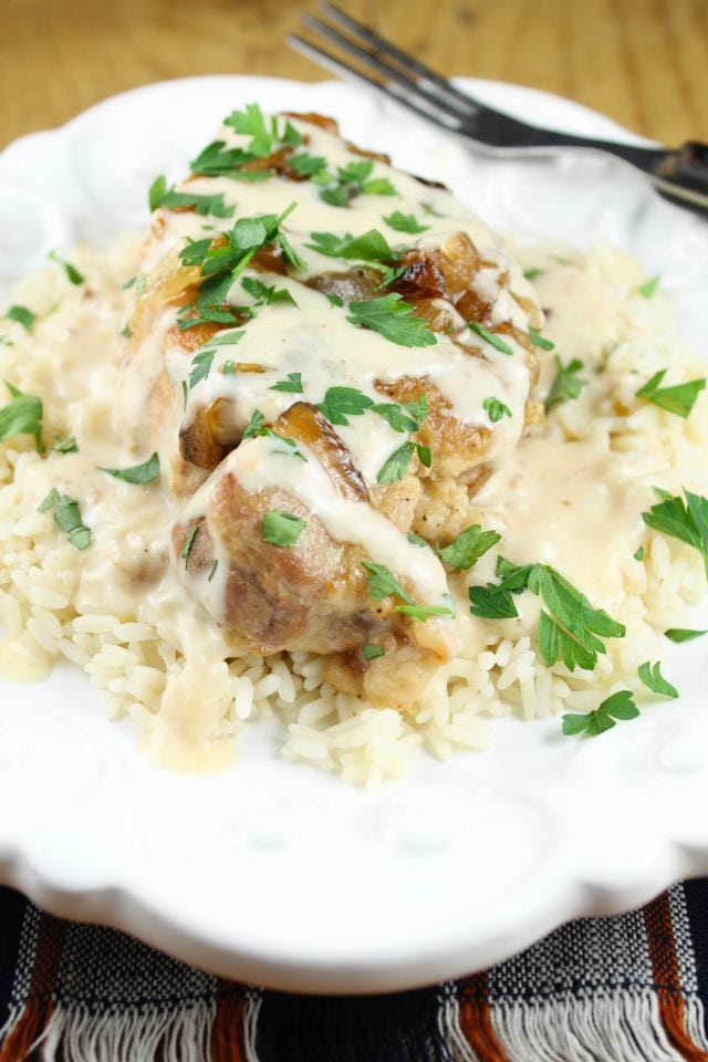Slow Cooker Smothered Pork Chops with Sour Cream Sauce Recipe from Miss in the Kitchen