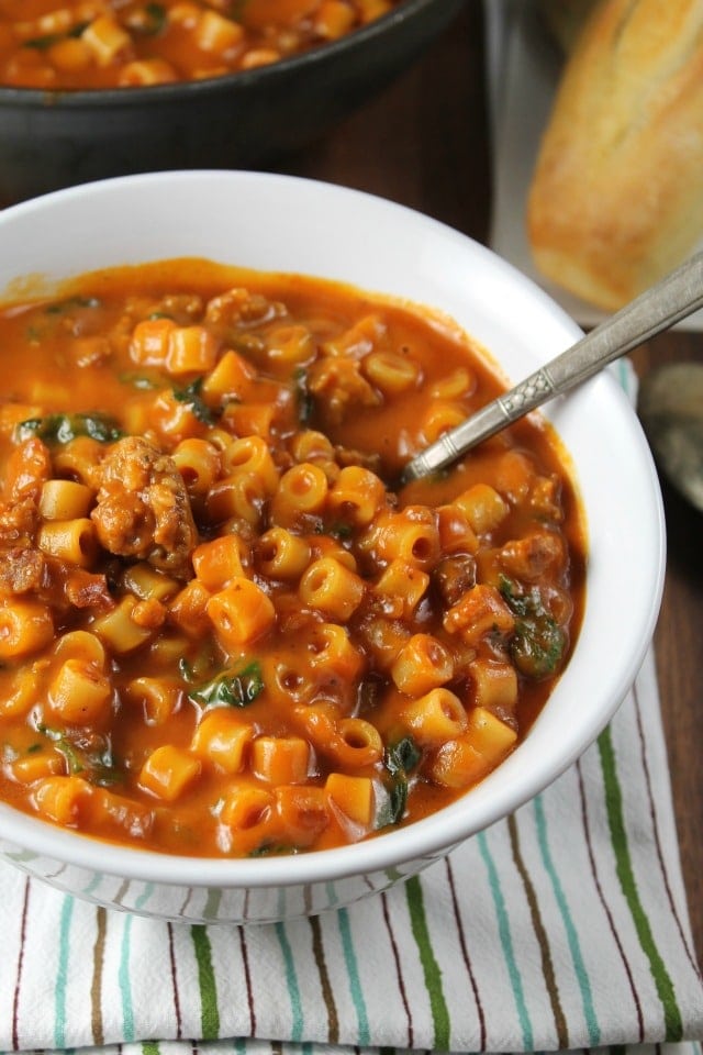 Italian Sausage Pasta Soup Recipe from Miss in the Kitchen #NourishEveryBody #sponsored