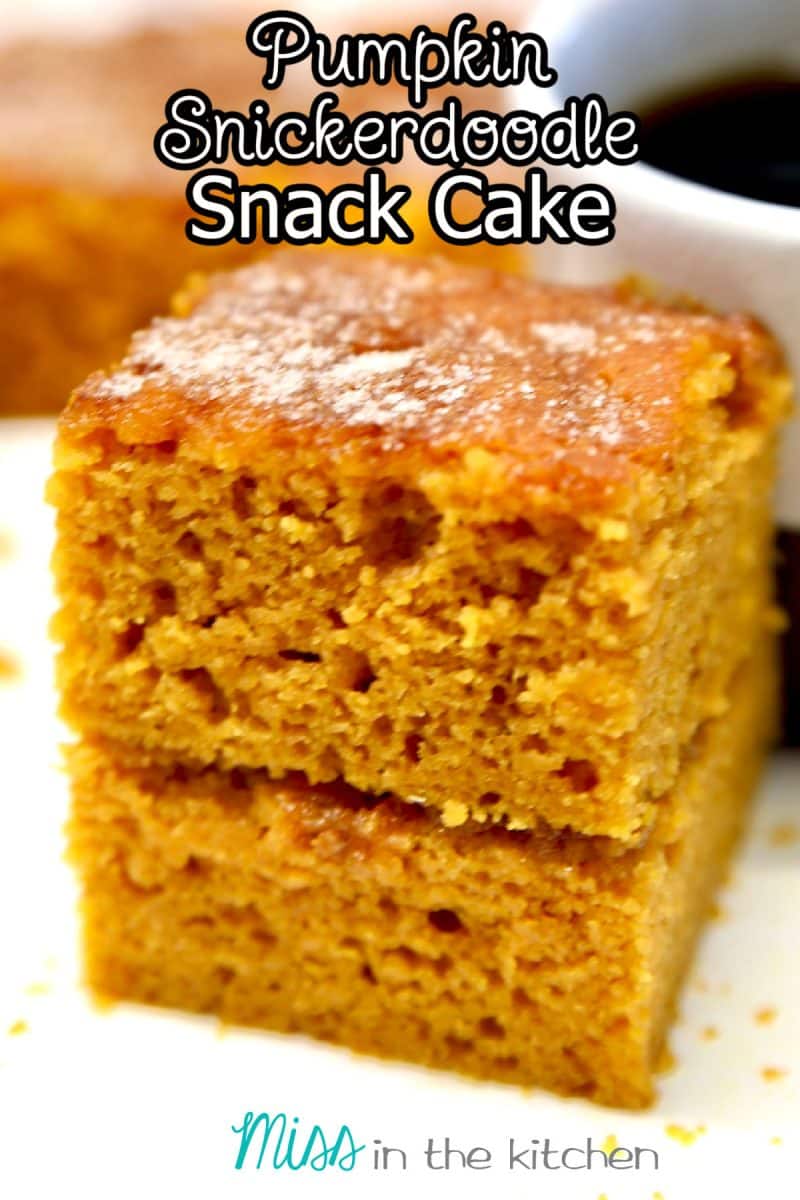 Pumpkin snack cake stacked with text overlay.