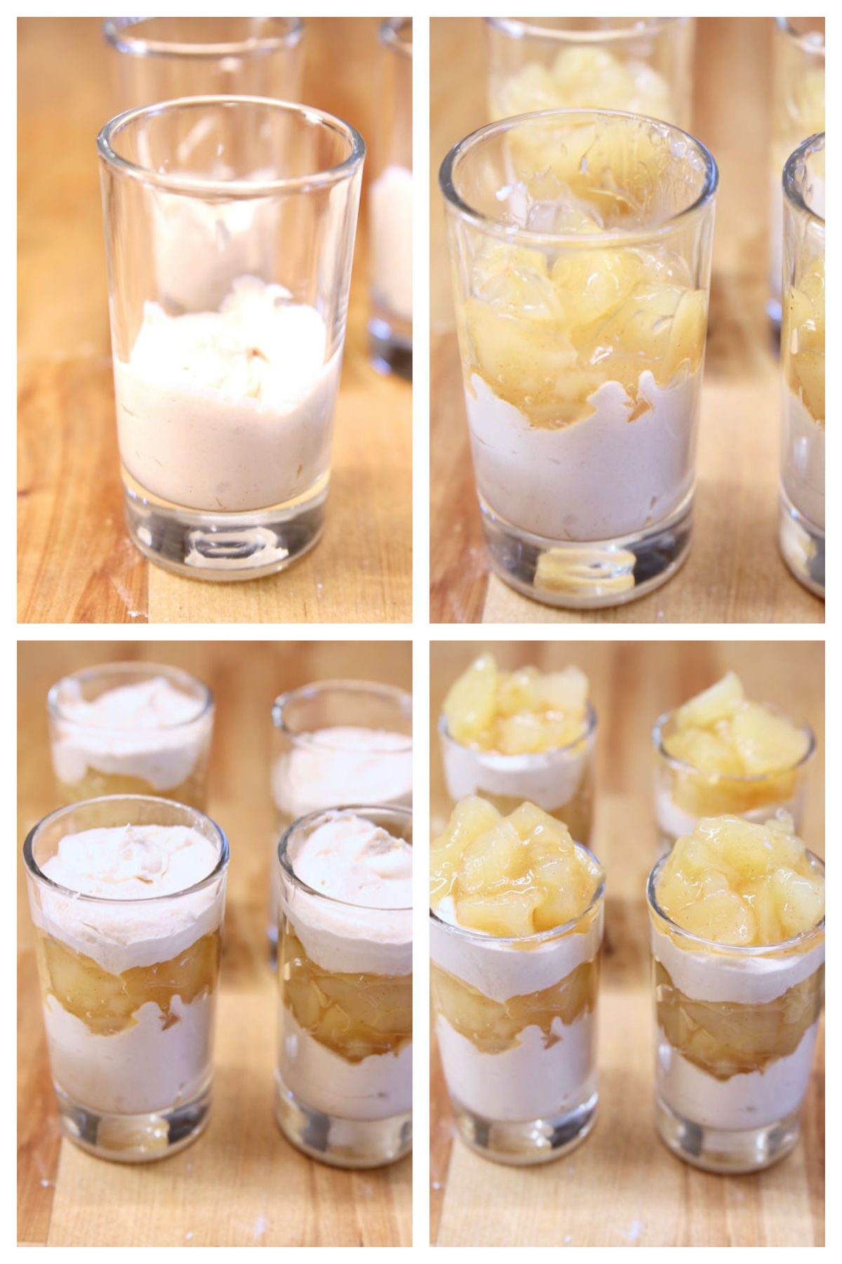 layering cinnamon cheesecake and apple pie filling in glasses