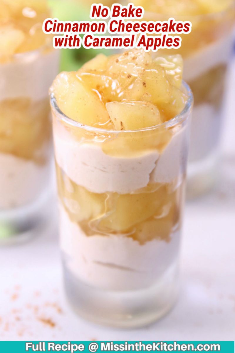 no bake cheesecake dessert in a glass with apple pie filling