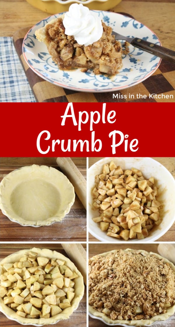 Collage of apple crumb pie with step by step instructions