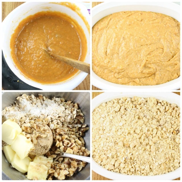 Process of mixing up sweet potato bars with streusel topping from missinthekitchen.com