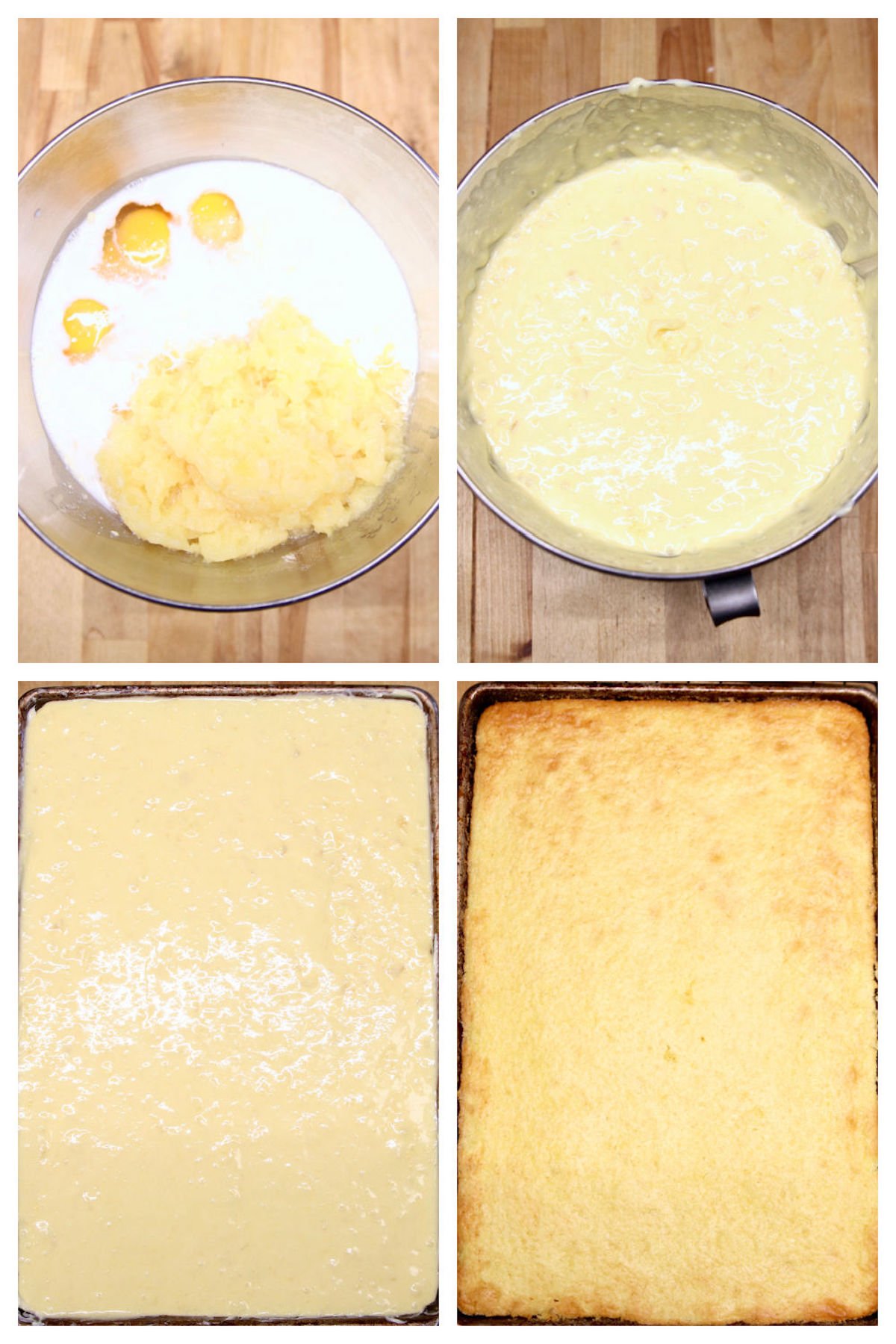 step by step making pineapple sheet cake, mixing in bowl, in cake pan, baked