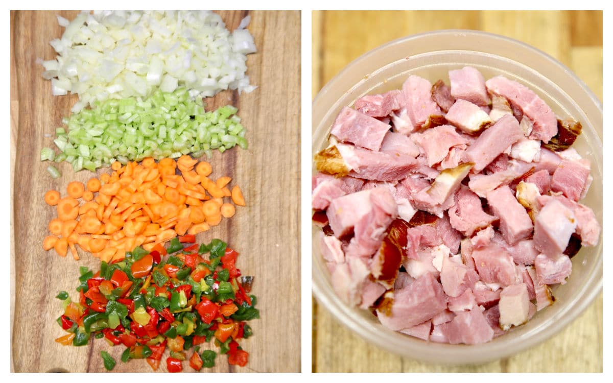 Diced vegetables on a board, diced ham in a bowl.