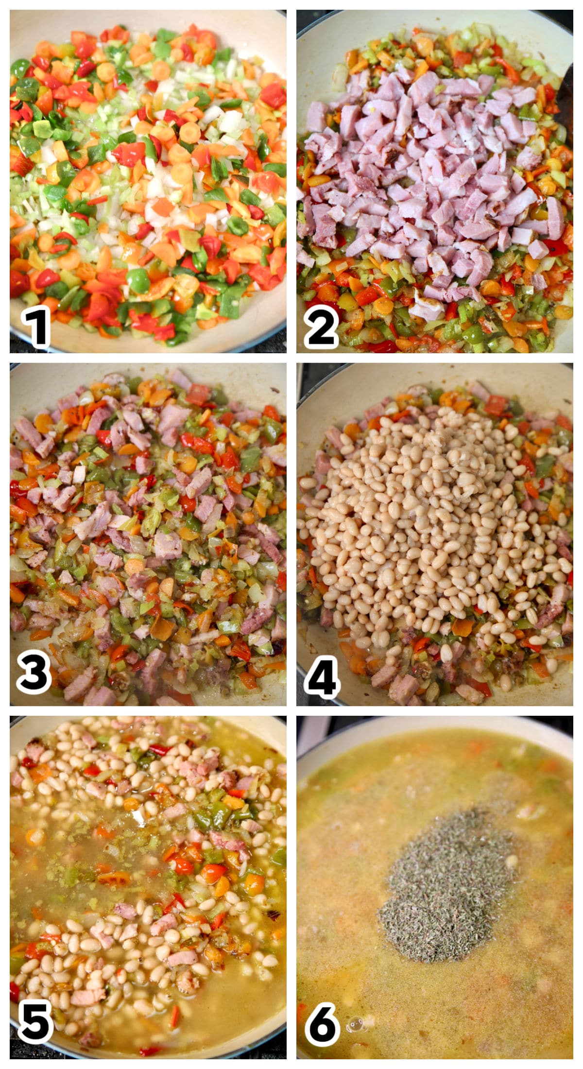 Collage of step by step making ham and bean soup.