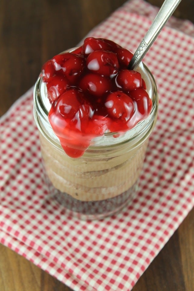 No Bake Chocolate Cherry Cheesecake in a Jar for National Cherry Month. Sponsored by Wayfair #SweetCherry Recipe found at MissintheKitchen.com