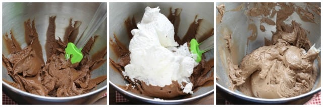 Mixing Cool Whip into Chocolate and Cream Cheese Mixture for No Bake Chocolate Cherry Cheesecake from MissintheKitchen