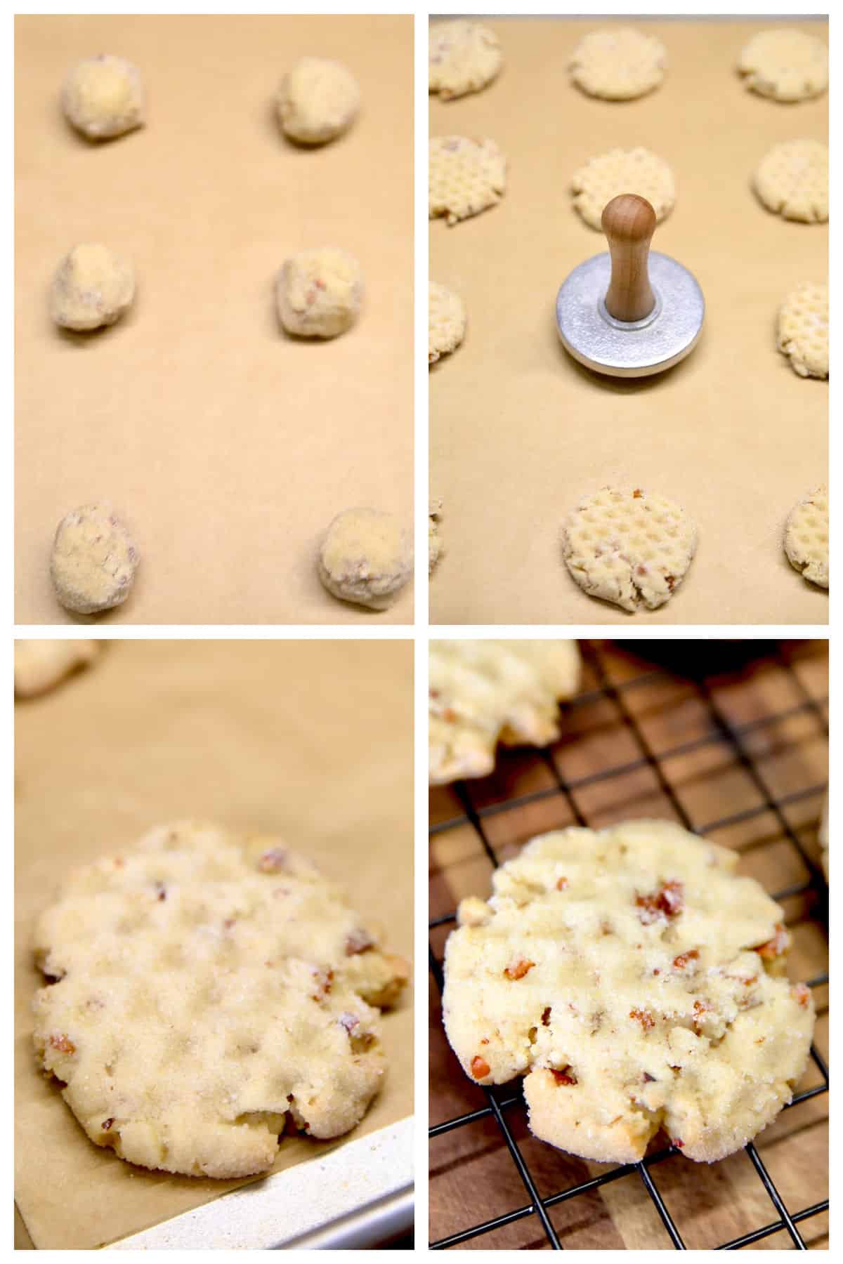 Collage: Pecan sandies cookie dough, smashed, baked, on wire rack.