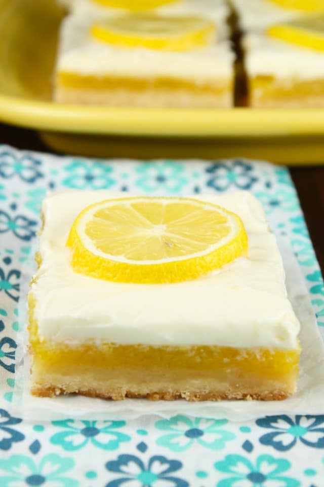 Lemon Bars with Cream Cheese Icing Recipe ~ a perfect summer dessert from MissintheKitchen.com