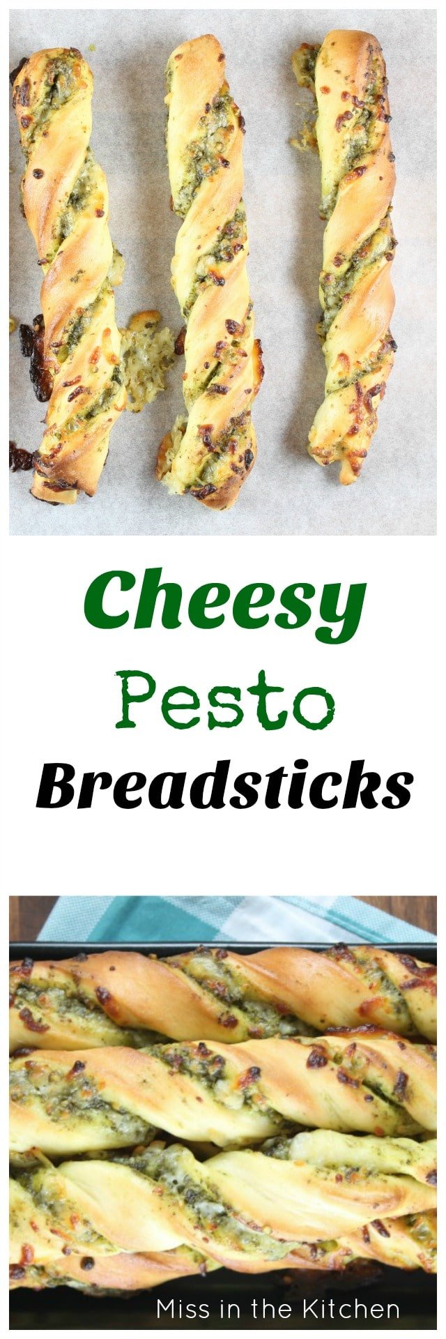 Cheesy Pesto Breadsticks are filled with ooey gooey mozzarella cheese and packed with tons of flavor from sweet basil pesto. The perfect side to any meal! Recipe from MissintheKitchen.com With Red Star Yeast #ad